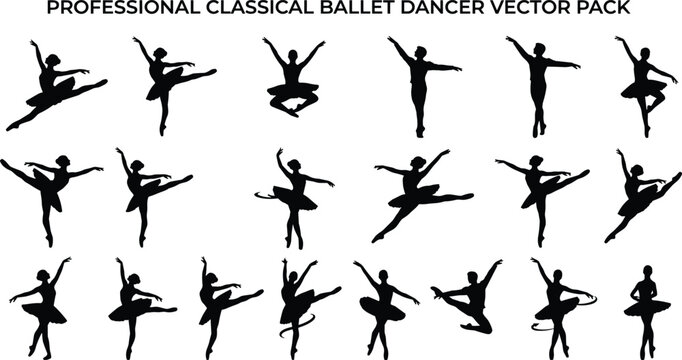 Set of black silhouettes of professional classical ballet dancers in various graceful poses and leaps