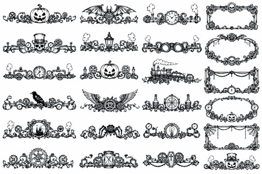 Vintage Halloween Victorian ornaments and frames set, gothic steampunk borders and dividers, 24 black ink decorative vector elements isolated PNG with Transparent Background