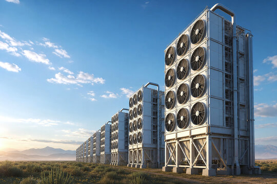 Direct Air Capture Towers Under Bright Morning Sky