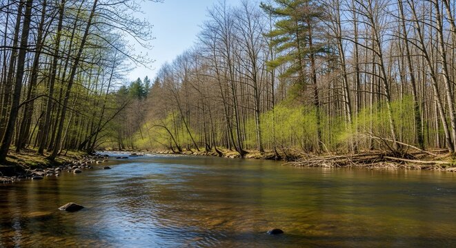 River flowing through woodland landscape