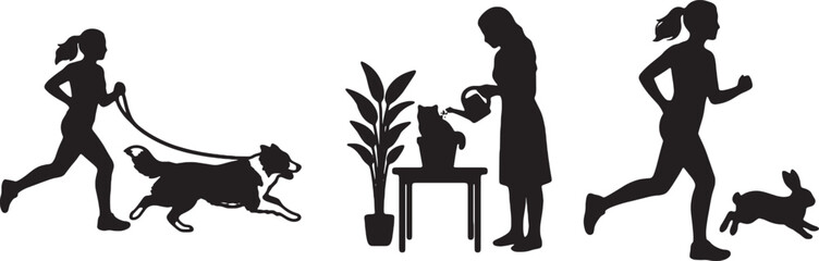 Plakat Silhouettes of women interacting with pets and gardening at home