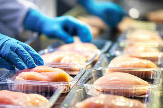 Hands in gloves place fresh chicken fillets into clear container