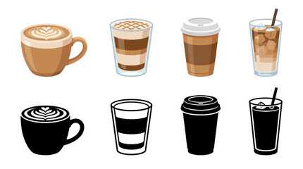 Obraz premium Professional vector collection featuring different caramel macchiato coffee servings, caramel macchiato with caramel drizzle, iced caramel macchiato, caramel espresso in tall glass