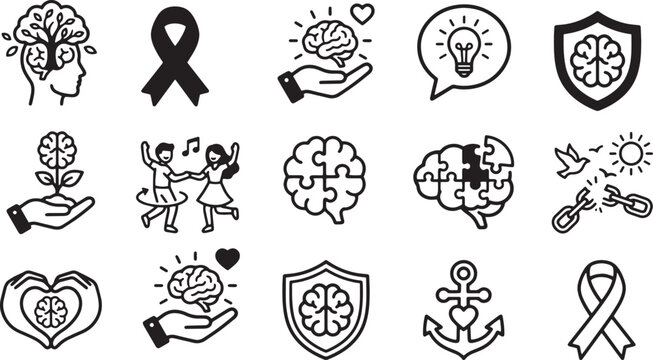 Brain and wellness icon set for mental health awareness.