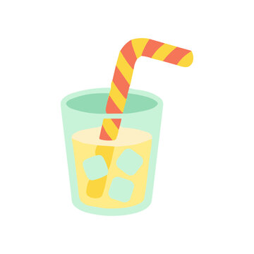 Yellow drink with ice cubes straw.