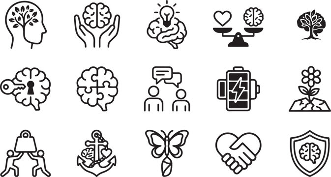 Mental wellbeing and brain psychology icon set.