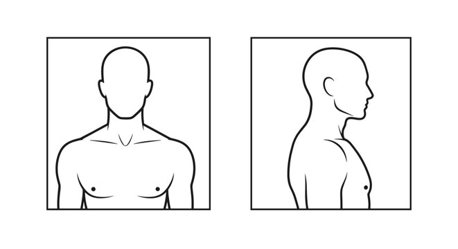 Basic outline drawings of a male human torso from the front and side views, showing the head, neck, shoulders, and chest area.