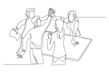 Fototapeta premium A single line drawing of human business professionals giving high fives around a meeting table, celebrating successful teamwork and deal completion in modern minimalist black line vector style
