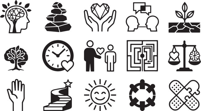 Mental health and well-being black glyph icons set isolated on transparent background.