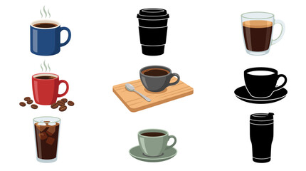 Obraz premium set of vector collection featuring different Americano coffee servings, hot Americano in ceramic mug, Americano in takeaway cup, black coffee in glass mug, Americano with coffee beans