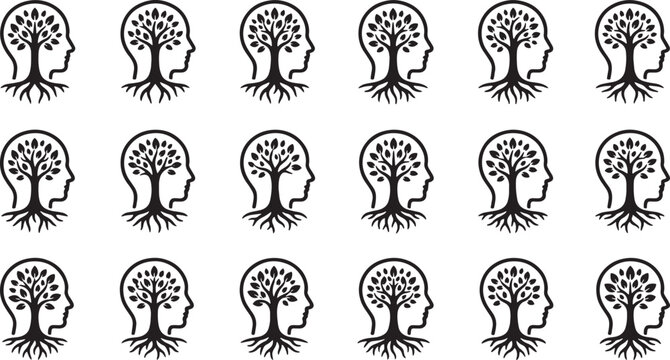 Mental health and tree brain silhouette icons set on transparent background.