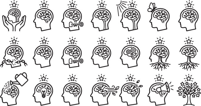 Set of mental health and personal growth brain icons.