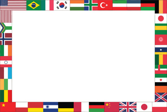 International country flags border frame, global nations vector template for travel education and multicultural celebration