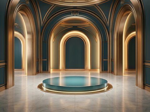 Luxury empty podium with gold arches in a dark hall