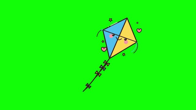 Animated kite with cute face flying on green screen background