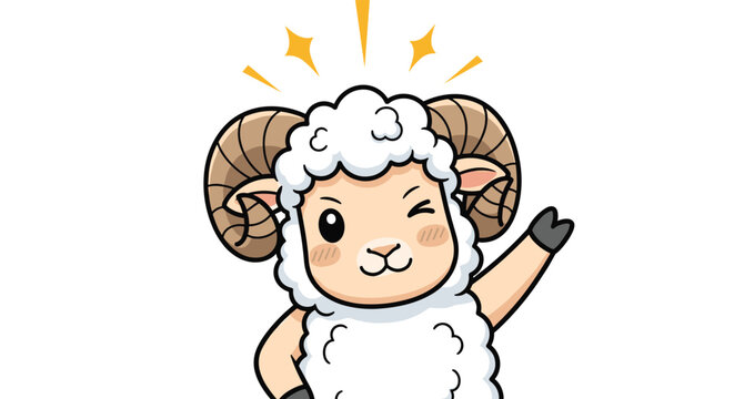 Happy cartoon ram character with white wool and curved horns winking and waving its hoof in a friendly greeting on white background.