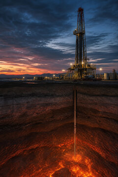 Geothermal drilling rig above glowing deep rock reservoir