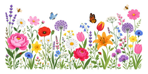 Colorful spring meadow flowers border with butterflies and bees isolated on white background © SHARIF