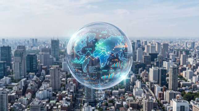 Suspended before a pale city backdrop, a glass sphere displays a generic world map with line charts and bars in a bright futuristic composition, global data, holographic visualization, innovation