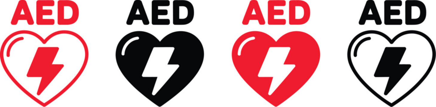 AED defibrillator icon set with automated external defibrillator symbols, cardiac emergency device, medical safety signs, first aid equipment, and healthcare rescue illustrations, vector, designs