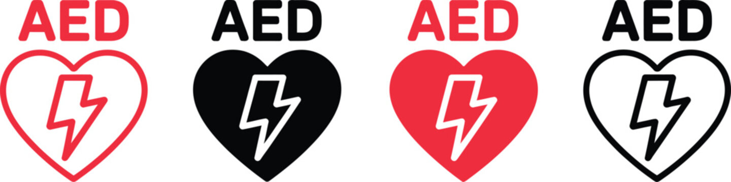 AED defibrillator icon set with automated external defibrillator symbols, cardiac emergency device, medical safety signs, first aid equipment, and healthcare rescue illustrations, vector, designs