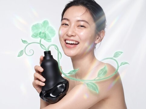 Joyful young woman with radiant skin smiles holding an attractive dark skincare bottle adorned with glowing green botanical elements symbolizing natural beauty and wellness product presentation