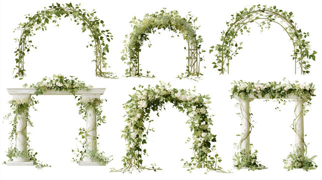 Collection of elegant wedding floral arches and garden arbors with white flowers and green vines isolated on white background for romantic event decoration, ceremony backdrop, and garden design.