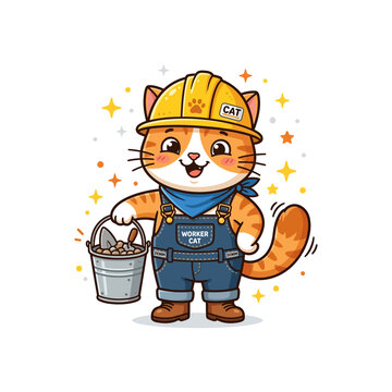 A cheerful cartoon ginger cat dressed as a construction worker, wearing a yellow hard hat and blue overalls, holding a bucket of small items with sparkling stars around it.