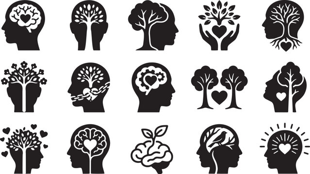 Holistic mental health and emotional intelligence icons with hearts and nature motifs.