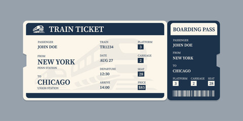 Vector flat train ticket template with passenger information and trip. © Ice pick