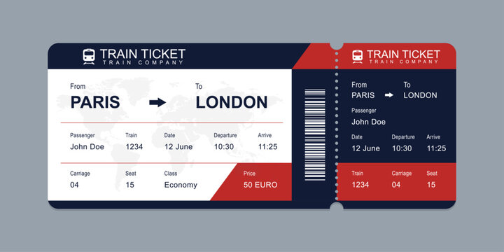 Vector flat train ticket template with passenger information and trip.