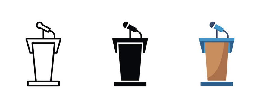 Podium icon. Podium icon featuring microphones, public address, business presentation, press briefing and conference vector symbols