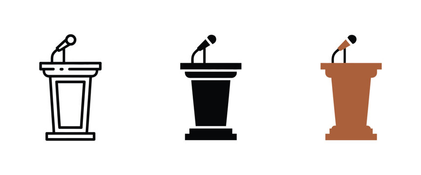 Podium icon. Podium icon featuring microphones, public address, business presentation, press briefing and conference vector symbols
