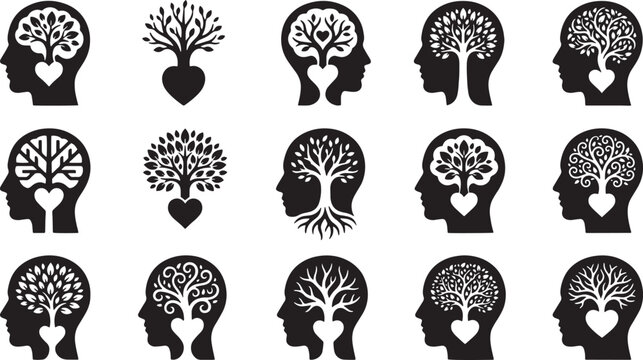 Tree of life and human head profile silhouettes symbolizing mental and spiritual growth.