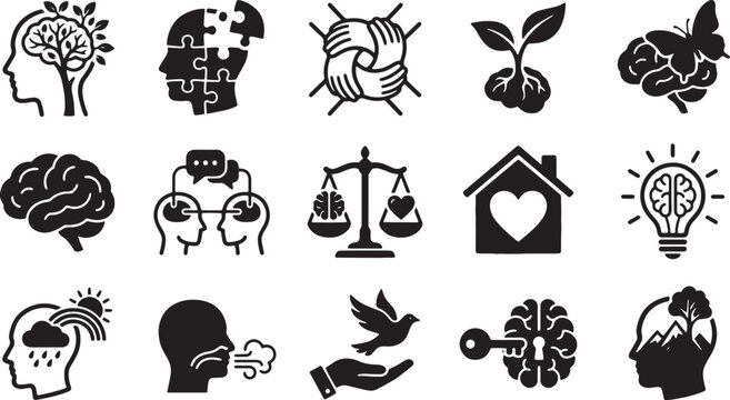 Mental health and psychology flat icons set featuring brain and human profile designs.