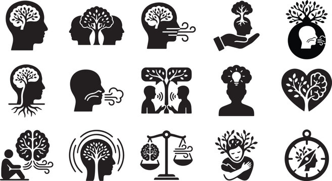Psychology and mental health icon pack featuring brain and tree symbolism.