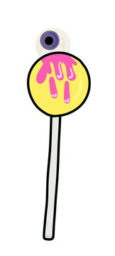 Vector illustration of a unique lollipop with an eyeball and dripping pink liquid. Halloween theme isolated on transparent or white background, png