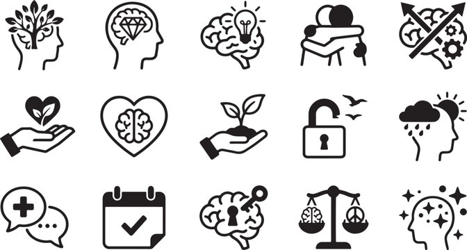 Mental health and psychology outline icons featuring brain and growth motifs.