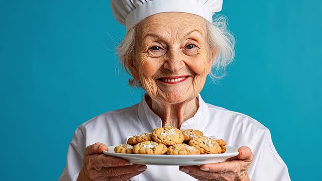 Elderly chef holding freshly baked cookies on a plate against a blue background