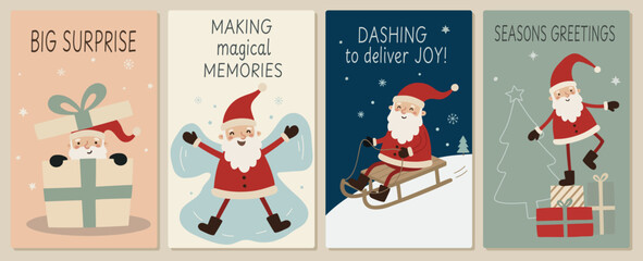 Fototapeta premium Christmas greeting card set with Santa, big gift, snow angel, sleigh ride, tree, presents, and playful cozy holiday slogans