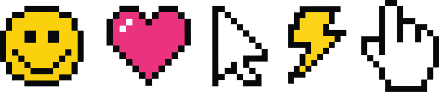 Pixel emoji and cursor icon set with retro smiley face, heart, pointer, lightning, gaming interface, messaging symbols, and pixel art graphics, vector, designs
