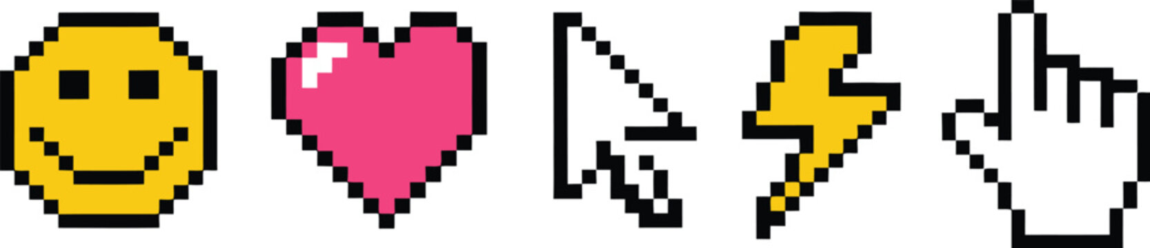 Pixel emoji and cursor icon set with retro smiley face, heart, pointer, lightning, gaming interface, messaging symbols, and pixel art graphics, vector, designs