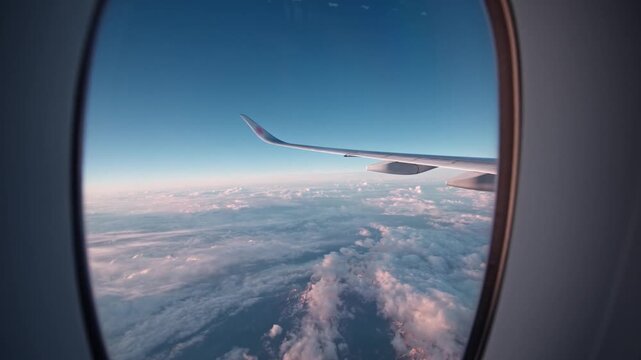 Stunning aerial view through airplane window overlooking fluffy clouds above horizon at sunset during travel flight.