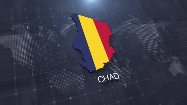 Chad map with national flag on digital world map background, geographic border, global political and international news concept