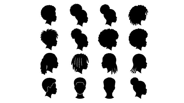 Collection of black female silhouettes featuring diverse natural hairstyles and various hair textures for design