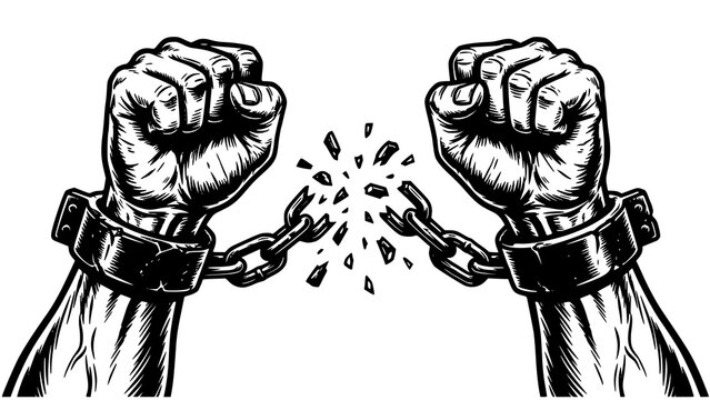 Illustration of two human fists breaking metal chains representing freedom and liberation from oppression