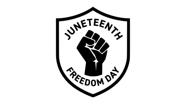 Juneteenth freedom day emblem featuring a raised fist inside a shield for african american celebration