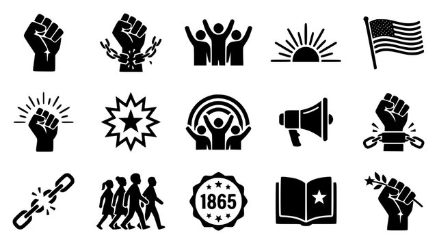 Collection of black and white icons representing juneteenth freedom celebration and african american history themes