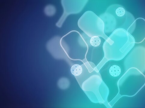 Pickleball paddles and balls floating in a glowing blue light abstract