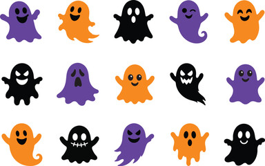 Obraz premium Collection of fifteen friendly ghost characters in black, purple, and orange colors